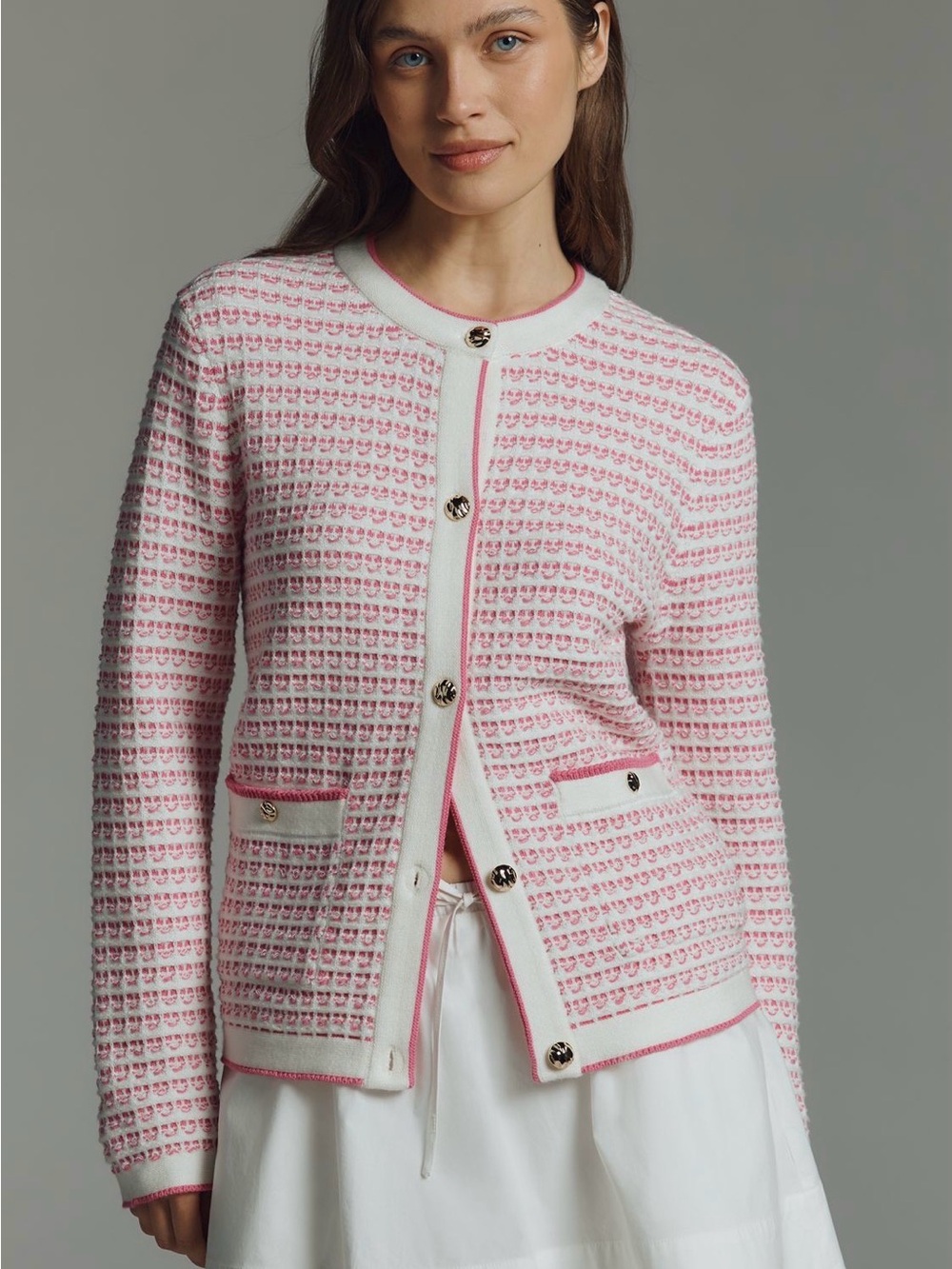 NVLT Pink and White Knit Cardigan with Gold Buttons